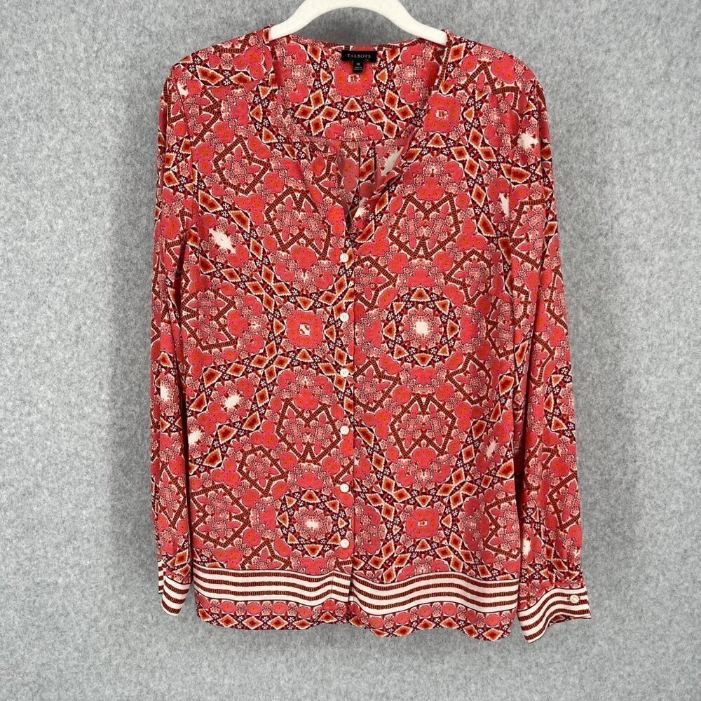 Talbots Long Sleeve Chiffon Blouse Top Size M Pink White Geometric Boho Barbie